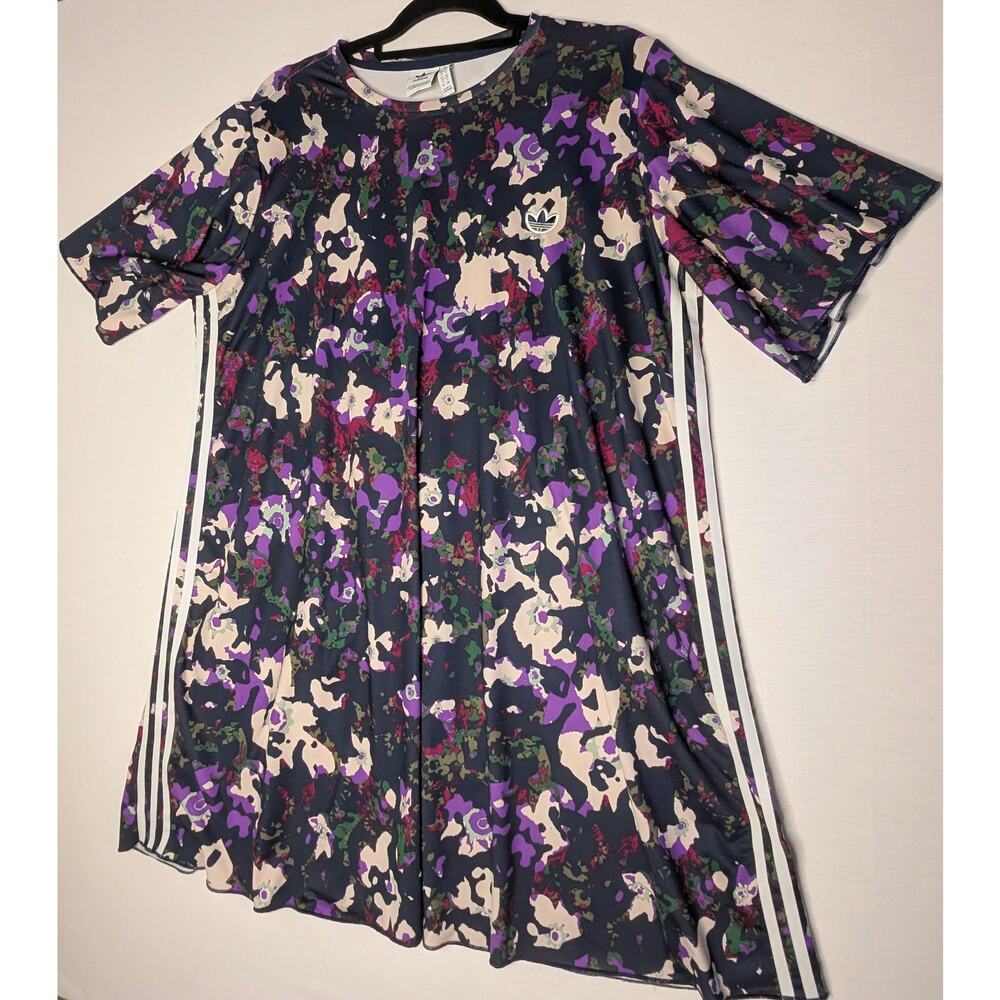 Adidas Originals Abstract Floral Camo T-Shirt Dress 3-Stripes Trefoil Women's L - Picture 4 of 11